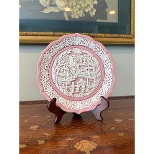 Vintage Pink & White Bisque Porcelain Relief Plate, 8"